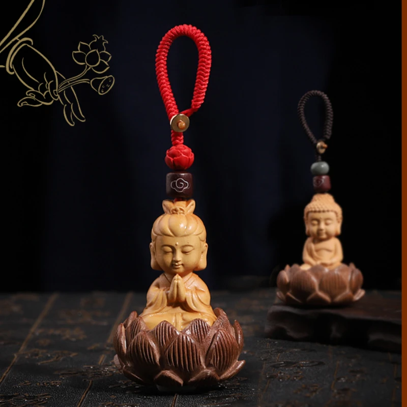 Boxwood Peach Wood Guanyin Buddha Lotus Bodhi Keychain Pendant Wooden Lucky Peace Buddhism Key Chains Cinnabar Bead Keyring Gift