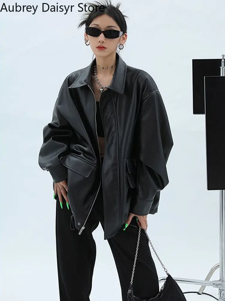 Punk Moto Biker Zipper Leather Jacket Women New Streetwear Black Oversize Jacket Fashion Casual  Chic Loose Black PU Coat Female