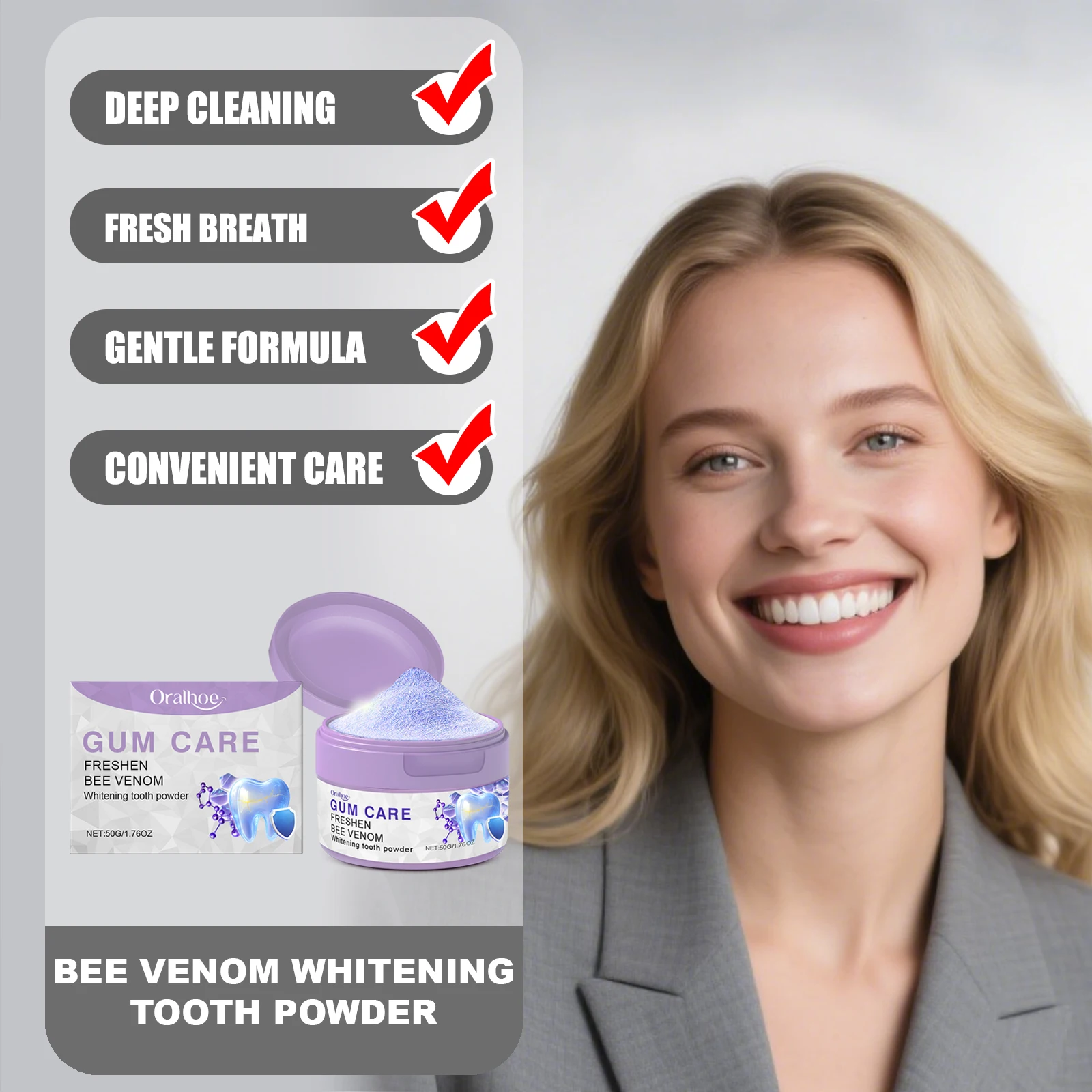 ORALHOE Zahnaufhellungspulver, Bienengift-Formel, schützt Zahnfleisch, Mund, Tiefenreinigung, Zahnlösung, Pigmentablagerung schnell, hellt die Zähne auf