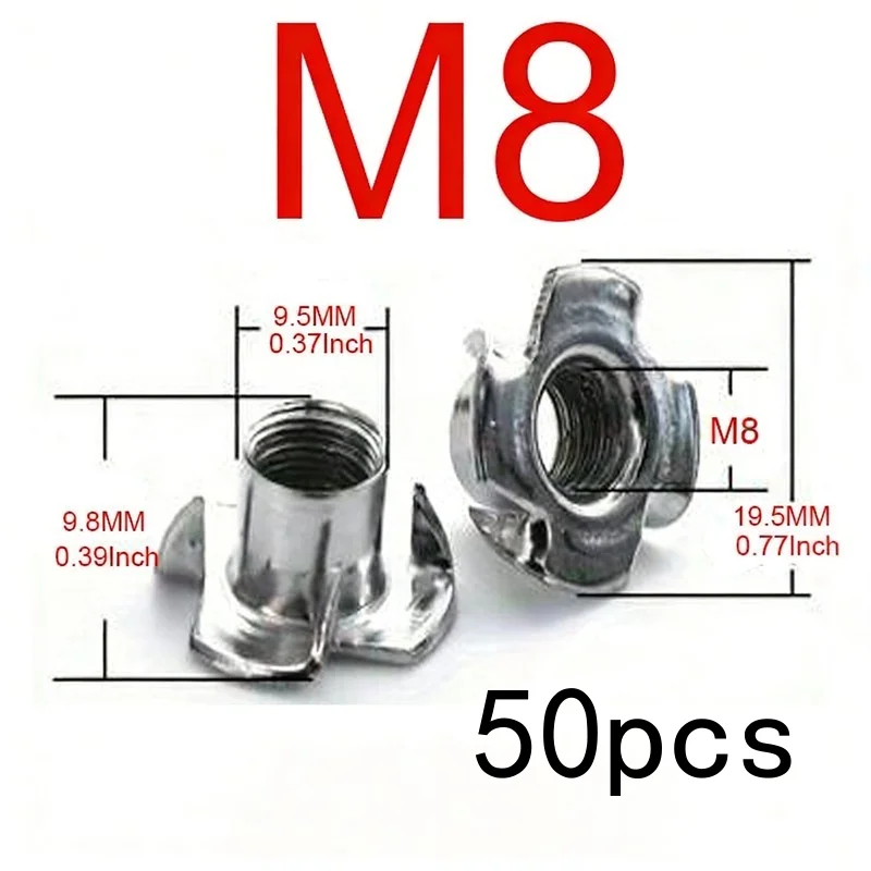 50pcs M8 Corrosion-Resistant T-Thread Insert 4-Claw Design for Wood in Humid Environments Climbing Equipment Fixing