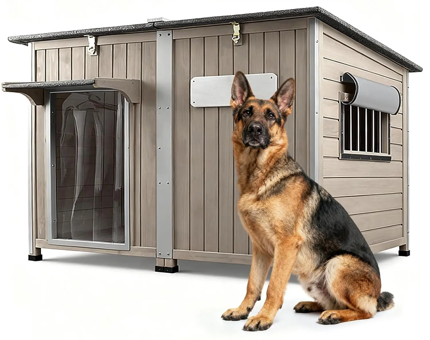 

55"L Wooden Dog House Weatherproof Asphalt Roof Iron Frame Removable Floor Openable Top Air Vents Large Dogs, Customized