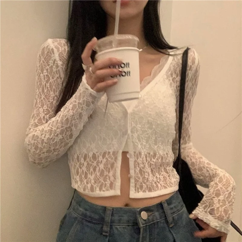 Cropped Blouse Women Ins Solid Fashion Elegant V-neck Popular Girls Simple All-match Sun-proof Outerwear Student Summer New Cozy