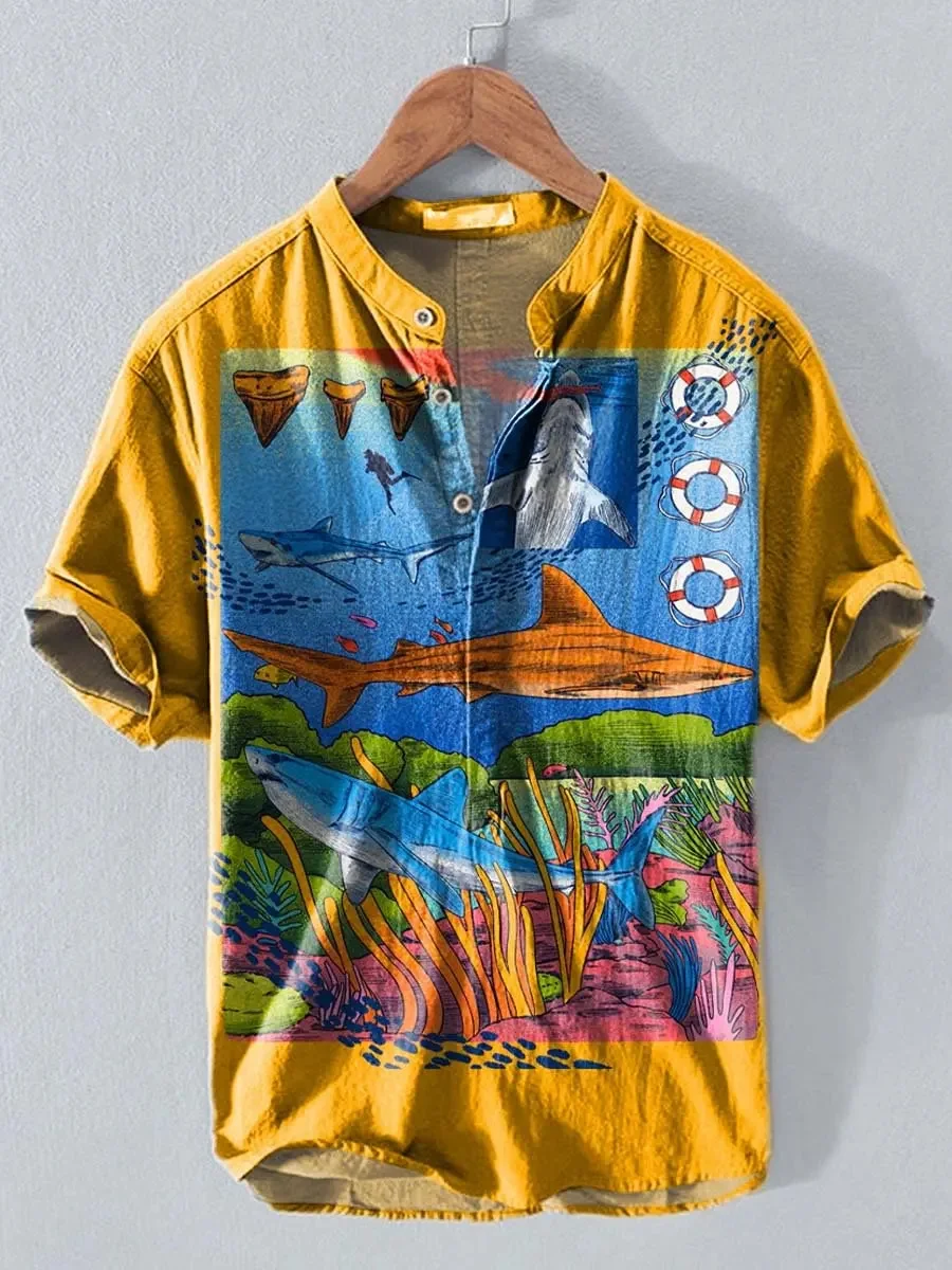 New Artistic Retro Style Short Sleeved Shirt for Men, Contrasting Color Geometric Cat 3D Printed Casual Shirt