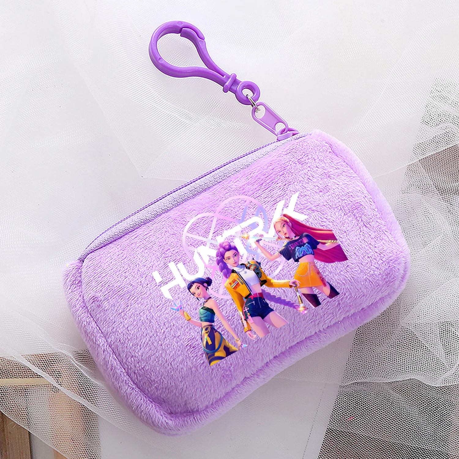 Monedero de felpa Kpop Demon Hunters, Mini billetera de dibujos animados Kawaii para niño y niña, monedero con cremallera, bolsas de almacenamiento de tarjetas de dinero púrpura a la moda, regalo