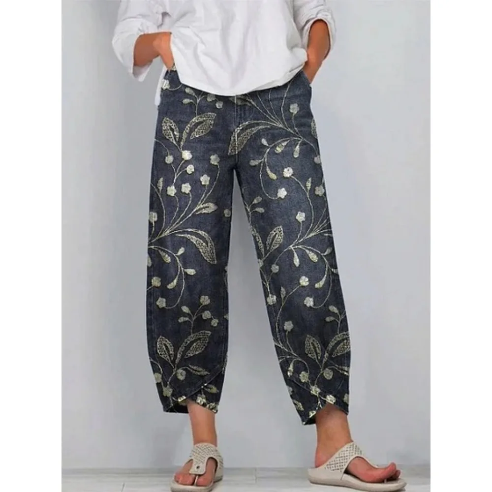 Vintage-Haremshose mit Rosenmuster, kurz geschnitten, lockere Tulpenform, knöchellang, lässige Hose für Zuhause, Loungewear, Urlaub – Detail 10