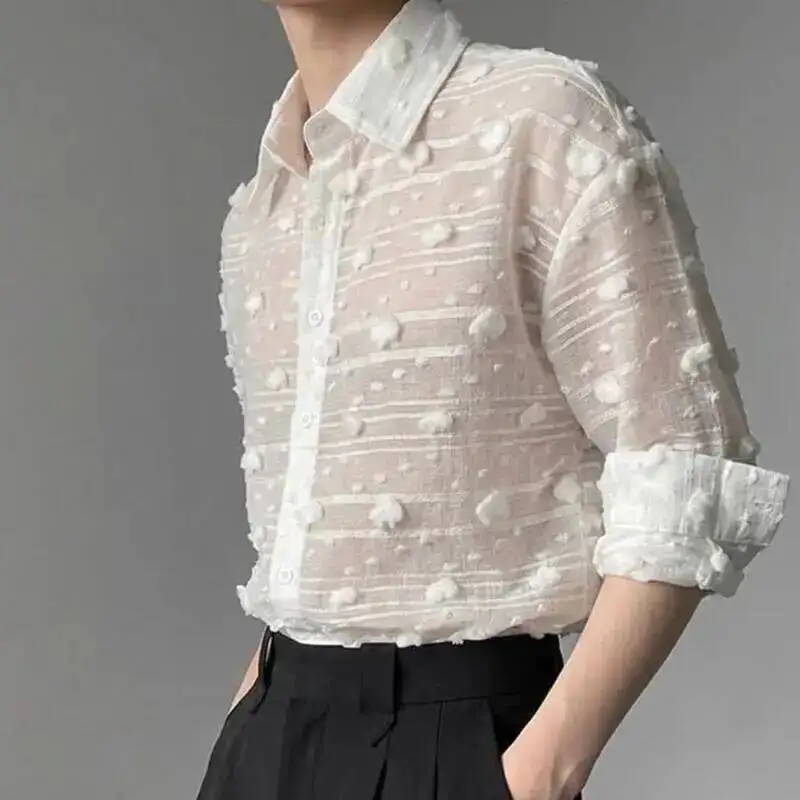 WVGA Summer New Man Hollowed Out Breathable Cotton-Padded Trendy Long-sleeve Shirt Niche Personalized Casual Tops Ins Y2K W22921