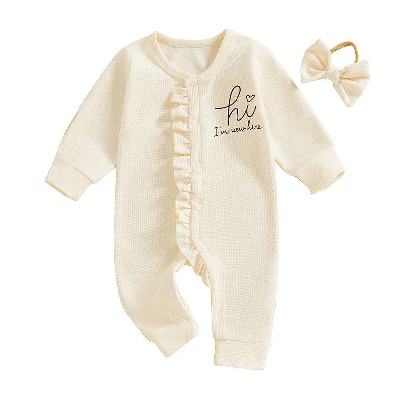 Newborn Girl Fall Ruffled Romper Letter Print Long Sleeve Crew Neck Full Lenth Jumpsuit with Bow Headband