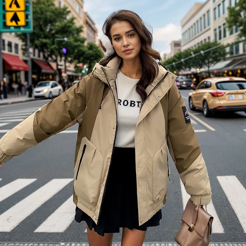 

2025 Women's Winter Jacket Female Hooded Contrast Casual Windproof Workwear Women's Submachine Jacket 2 Pocket Parkas Coats