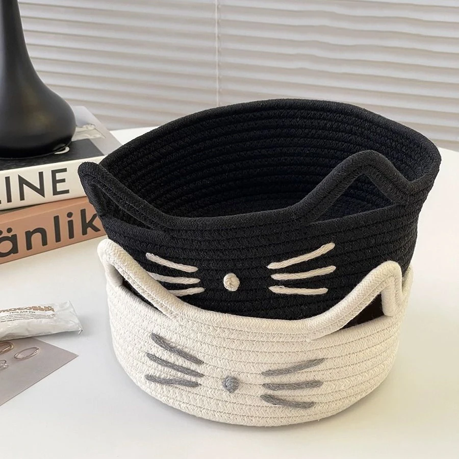 Cartoon Cat Hand Woven Storage Basket With Ears Kids Toys Sundries Laundry Desktop Organizer Box Space-Saving Decorative Bins