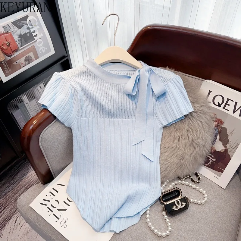 Summer Sweet Slim Ice Silk Knit T-shrit Sweater Women Lace-up Collar Hollow Out Short Sleeve Sweater Pullover Knitwear Tops Tees