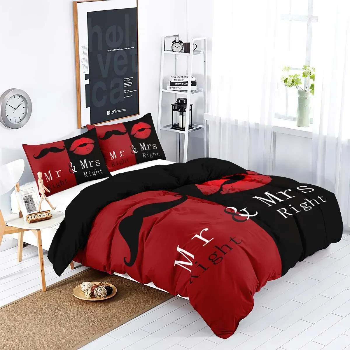 90gsm matte polyester bedding 3-piece set, 1 duvet cover+2 pillowcases, comfortable, warm and skin friendly, red and black color