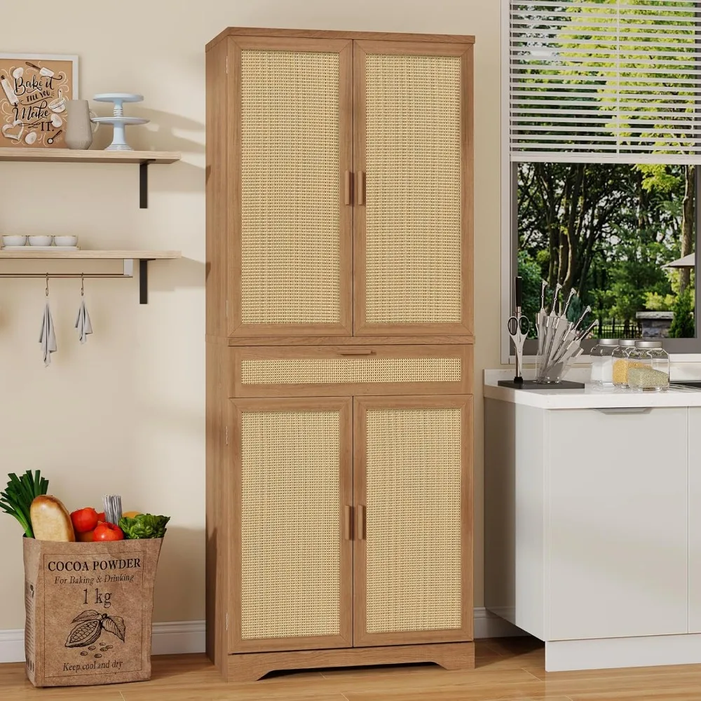 

Kitchen Pantry Cabinet with Large Drawer, Rattan Storage Cabient Tall Cupboard with Adjustable Shelves and Barn Doors, Rattan F
