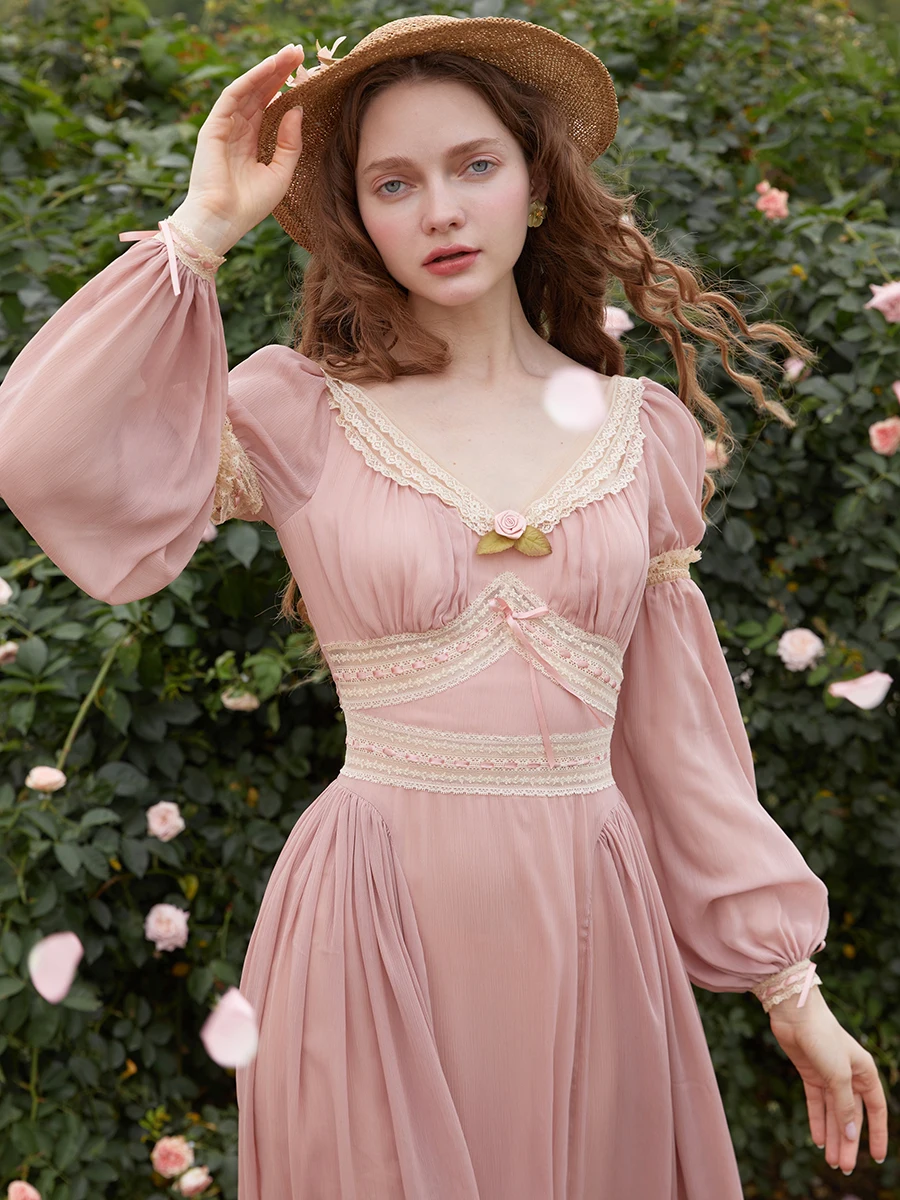 TIYIHAILEY Spring Summer Women Dress Detachabl Full Sleeve Long Mid-Calf Ladies XS-XL Vintage High Waist 2025 New V-Neck Lace