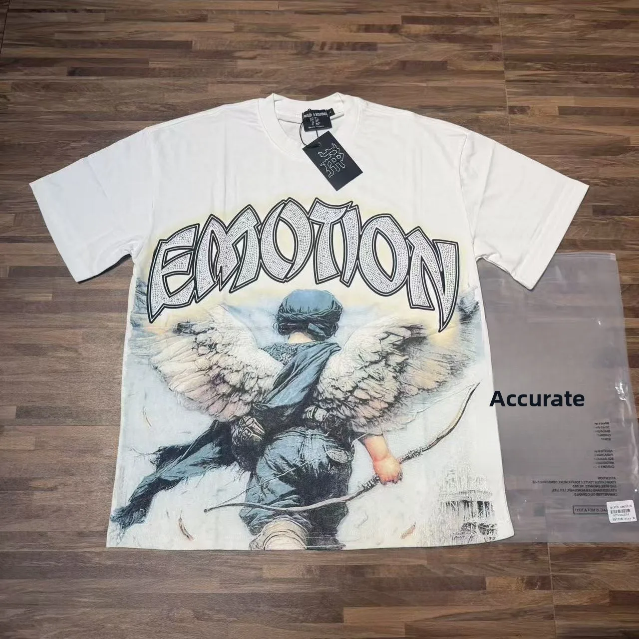 Mixed Emotion Retro Angel Print Rhinestone Letter Loose Fit round Neck Short Sleeve T-Shirt Pure Cotton High Street Style for...