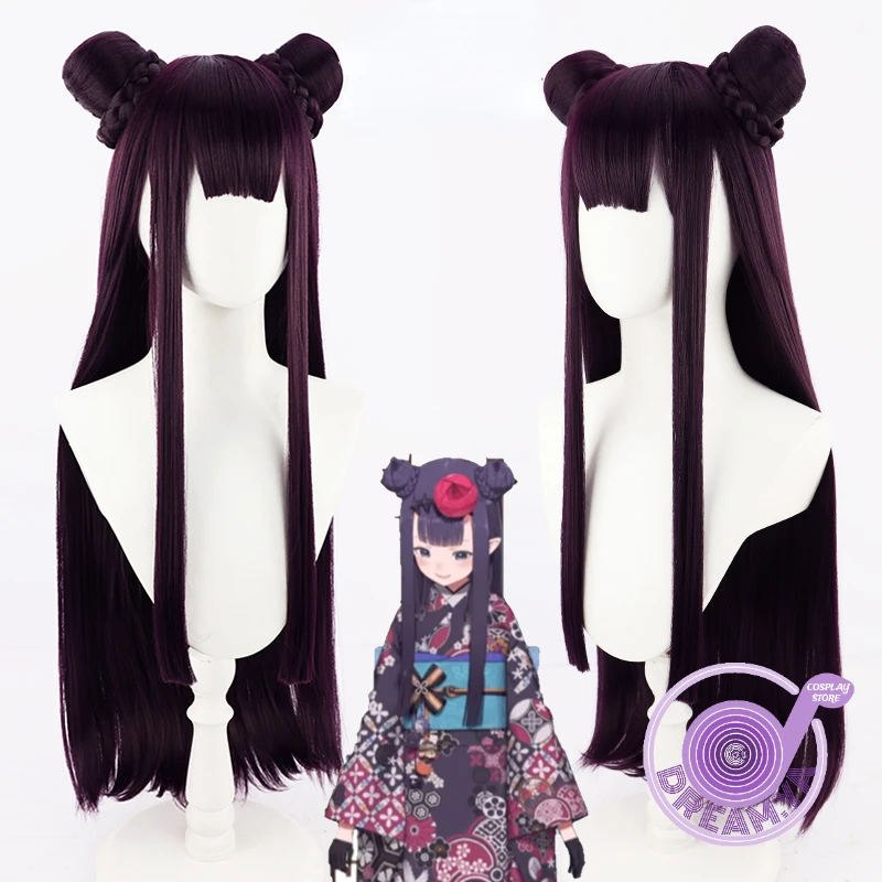 Ninomae Inanis Cosplay Wig Hololive Vtuber Dark Purple Long Straight Bun Synthetic Hair Heat Resistant Halloween Party Role Play