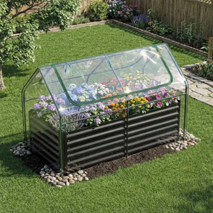 3-in-1 metal raised garden bed for outdoor vegetable, flower, and herb growing; galvanized steel; charcoal gray; includes house