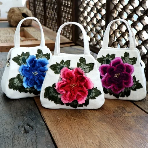 Bolso de flores bordado de estilo étnico, bolso informal de lona, bolso de mano bordado con flores tridimensionales