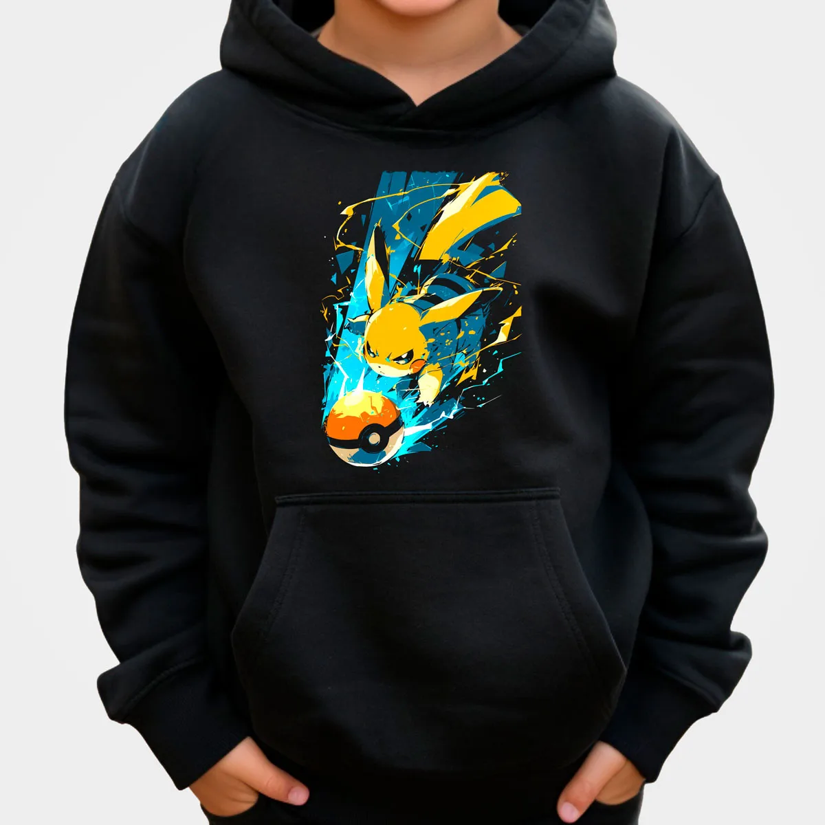 Pokemon Anime Pikachu Sudadera con capucha de algodón Color negro con efectos de rayo azul Aura eléctrica dinámica y patrón de bola Poke suelto