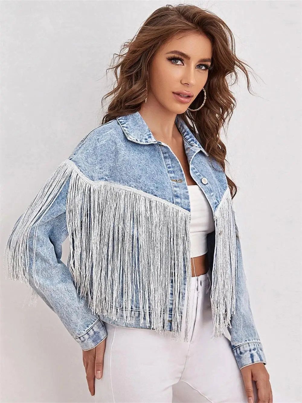 

Denim jacket fashion tassel lapel fried flower denim jacket Long Sleeved Coat Vintage Cardigan Blue Short Jacket