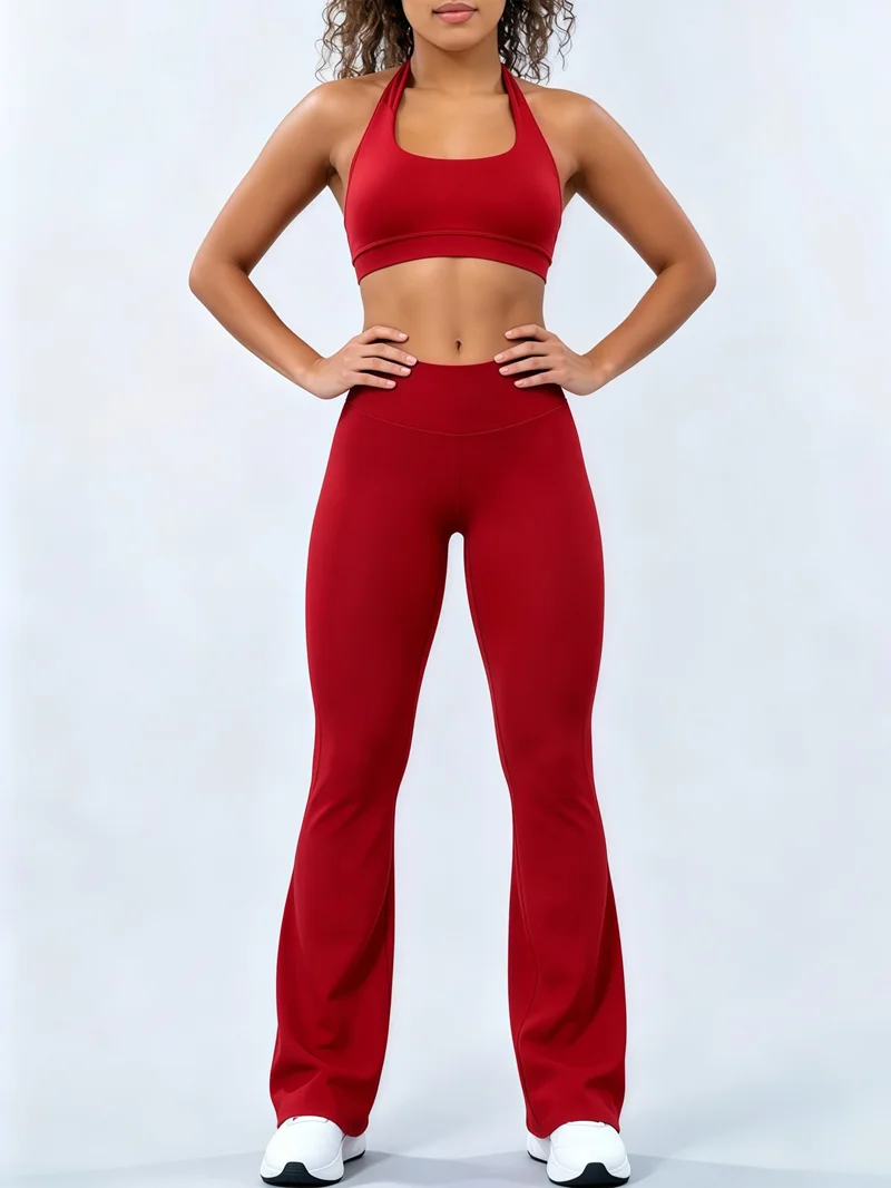 2Pcs HISTELLO Gym Leggings Set Seamless Women Sports Flared Pants Sets Sexy Open Back Halter Top Workout Fitness Flares Pant Set