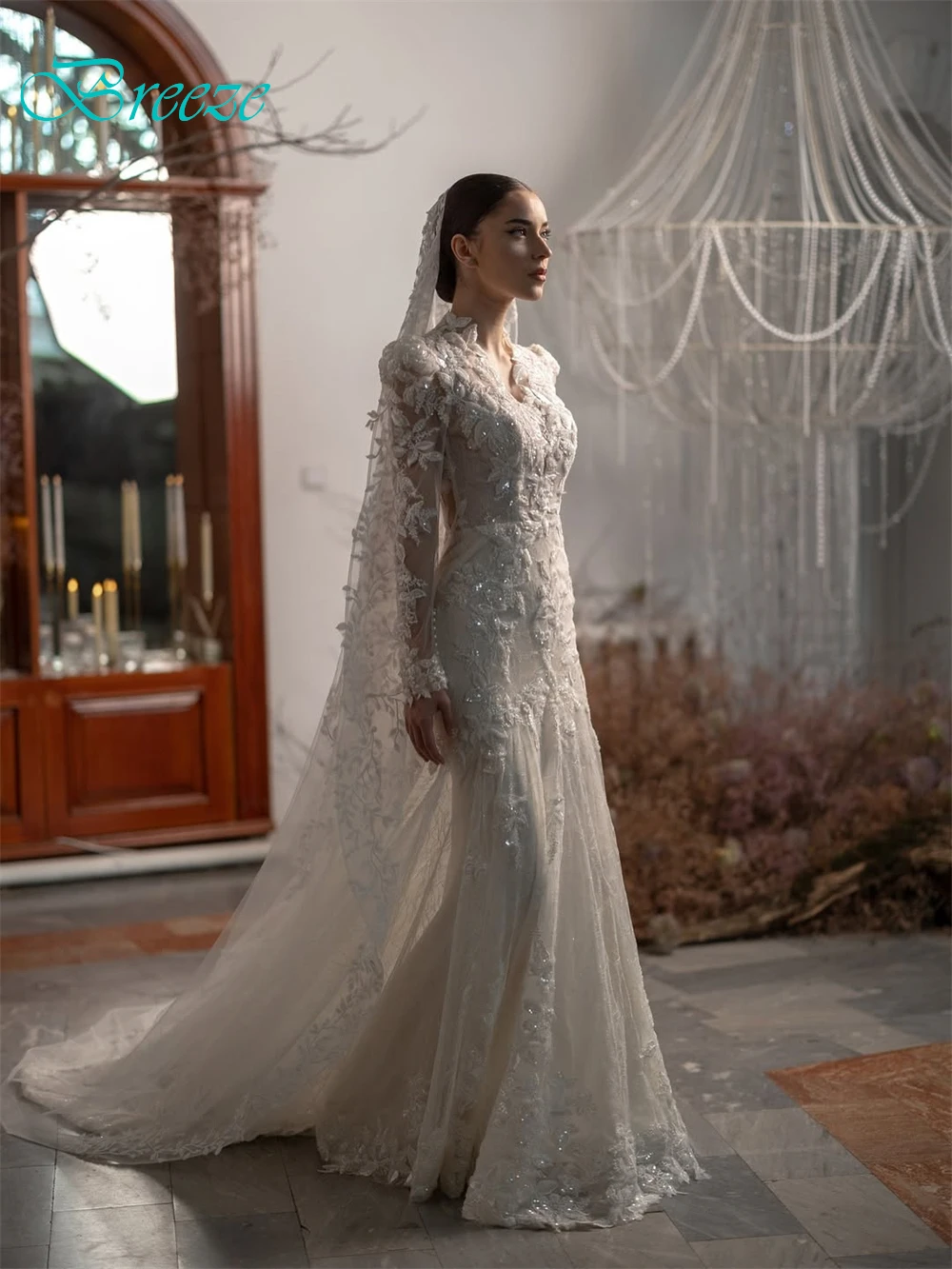 فستان زفاف أنيق من الأورجانزا الأبيض مخصص رسمي برقبة على شكل حرف v وأكمام طويلة رداء de mariée ناعم حورية البحر ذيل محكمة رداء de mariée #5