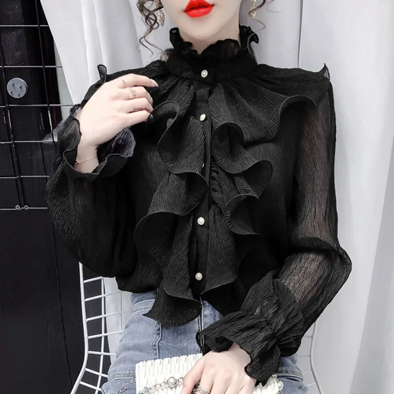 OCEANLOVE Stand Collar Ruffles Women Shirts&blouses Solid Autumn Winter Vintage Blusas Mujer Korean Fashion Elegant Camisas