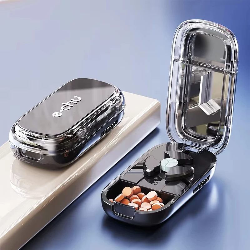 1/2 und 1/3 verstellbare Pillenschneider-Aufbewahrungsbox, tragbare Medikamententablette, Medizin, staubdicht, Trennwand, Organizer, Brecher, Pillenschneider