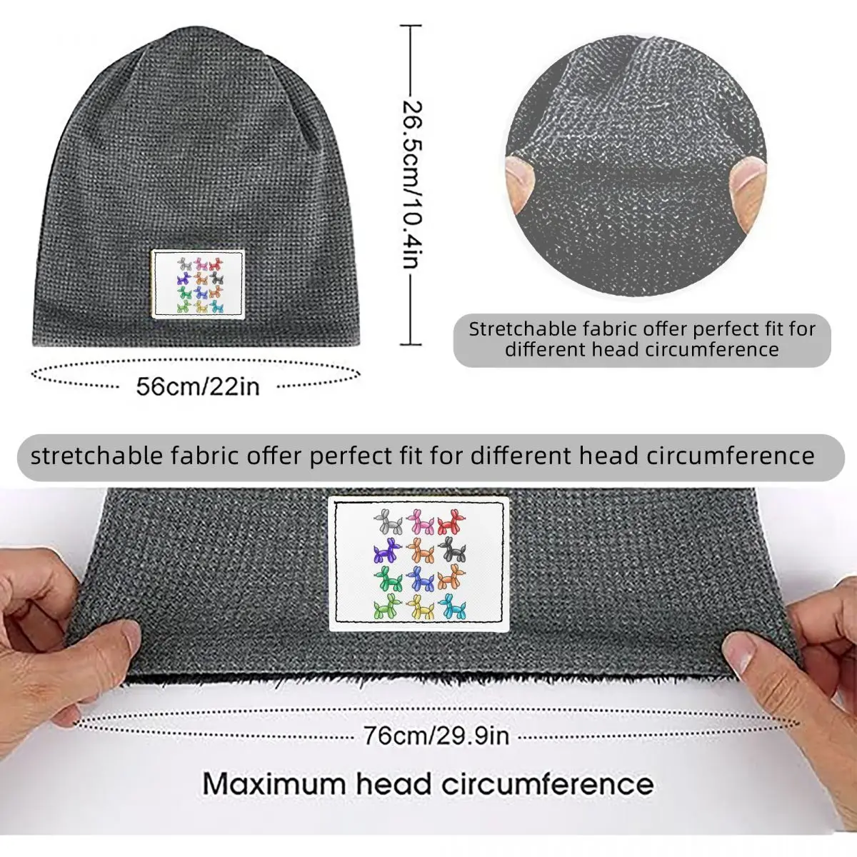 Balloon Dogs Waffle Knit Fleece Lined Beanie with PU Leather Patch Unisex Warm Winter Soft Cap