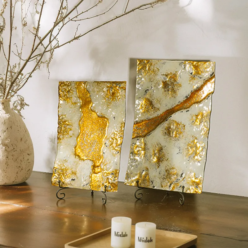 Golden Earth Hand-painted Glass Plate, Italian Style Living Room Decor, Minimalist Retro Luxury Centerpiece for Showroom