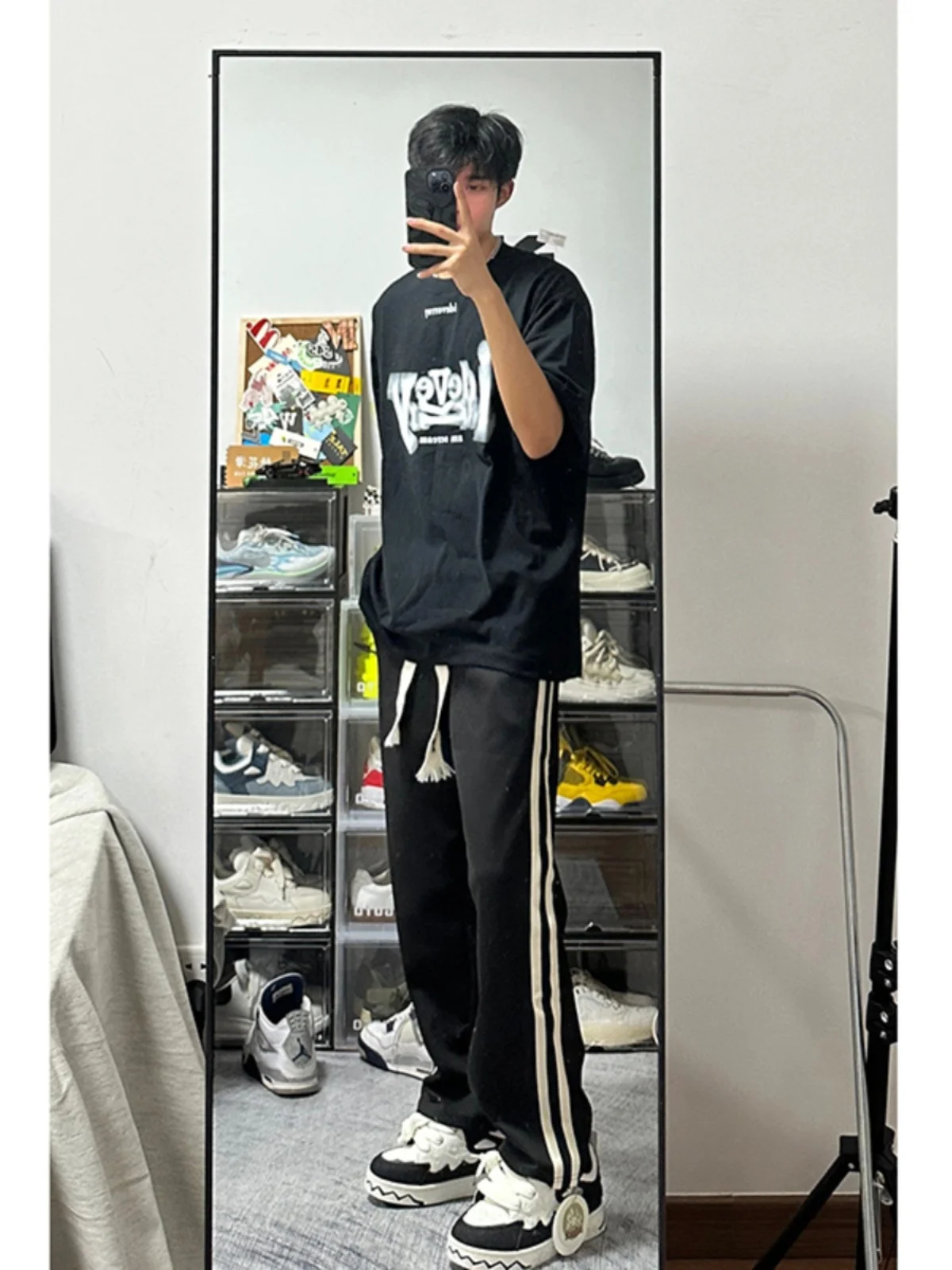 

Мужские летние тонкие шелковые спортивные брюки Qui Dry, футболки с полосками по бокам, прямые американские свободные повседневные длинные брюки