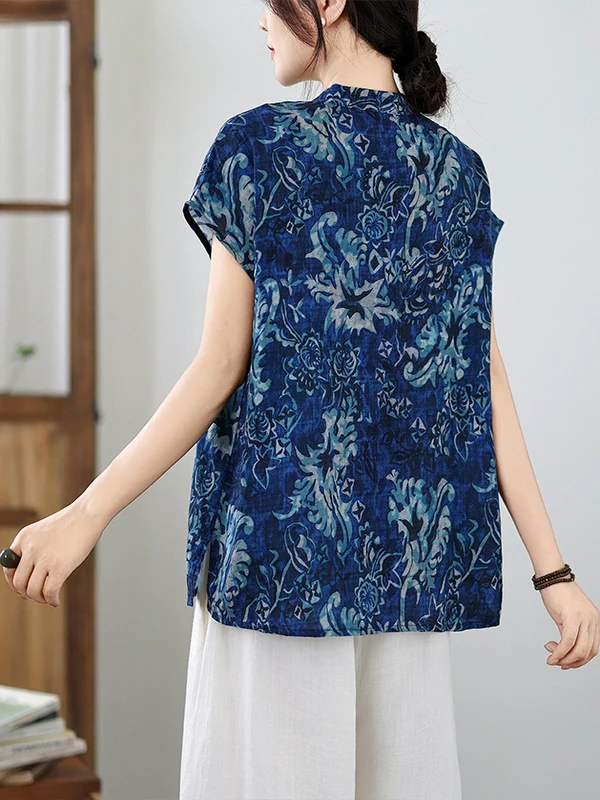 Gaun Kerja Wanita Model Kerah Tegak, Bahan Porselen Biru Putih Musim Panas, Gaya Cina Modern, Slim Fit, Serbaguna, Elegan, Cocok untuk Kerja...