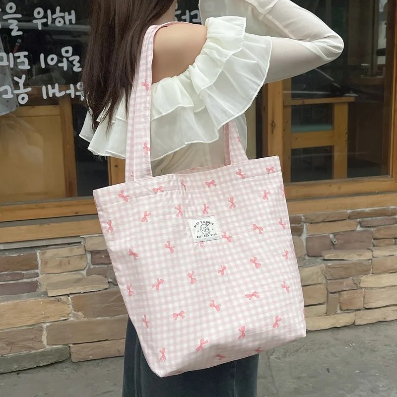 Candy Color Plaid Women\'s Shoulder Bags Large Capacity Women\'s Shopping Bag Cute Bowknot Female Travel Handbags Book Tote Purse