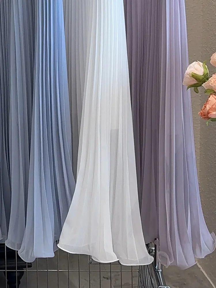 Gentle Elegant Chiffon Plieated Skirts For Women Summer New High Waist Loose Temperament Long Skirts Simple Casual Commute Skirt