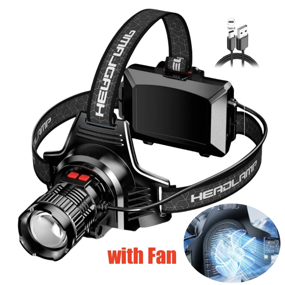 New Fan Headlight Strong Headlamp Zoomable White Laser Fishing USB Charging Head Light Type -C 18650 Battery Outdoor Lighting