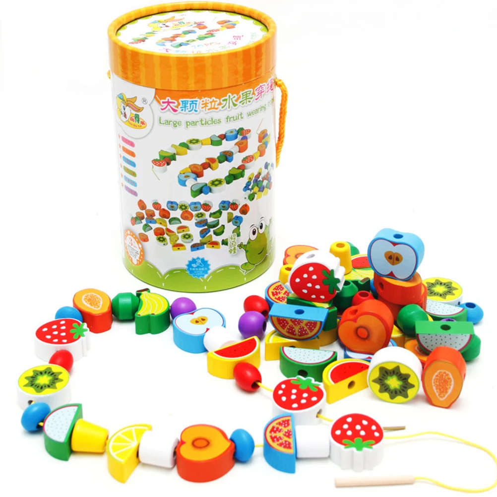 70 Stück Obstperlen zum Schnüren für Kleinkinder, Holzfrüchte, Kuchen, Spielzeug, Bambus, für Kinder und Kinder