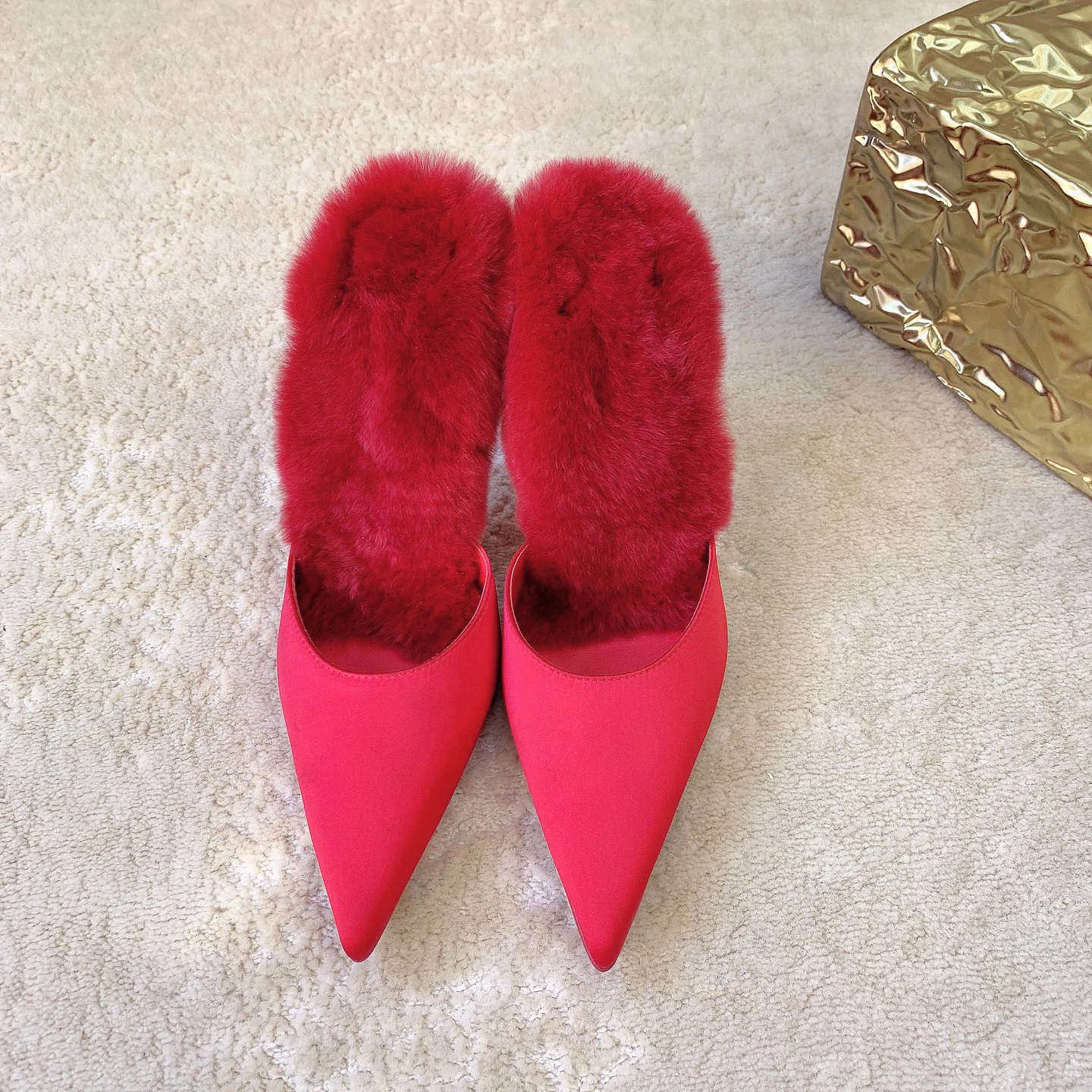 

Women's Fur-Trimmed Pointed-Toe High-Heel Mules Crystal Heel with Satin Finish Elegant and Stylish Commuter Shoes Luxe-Design