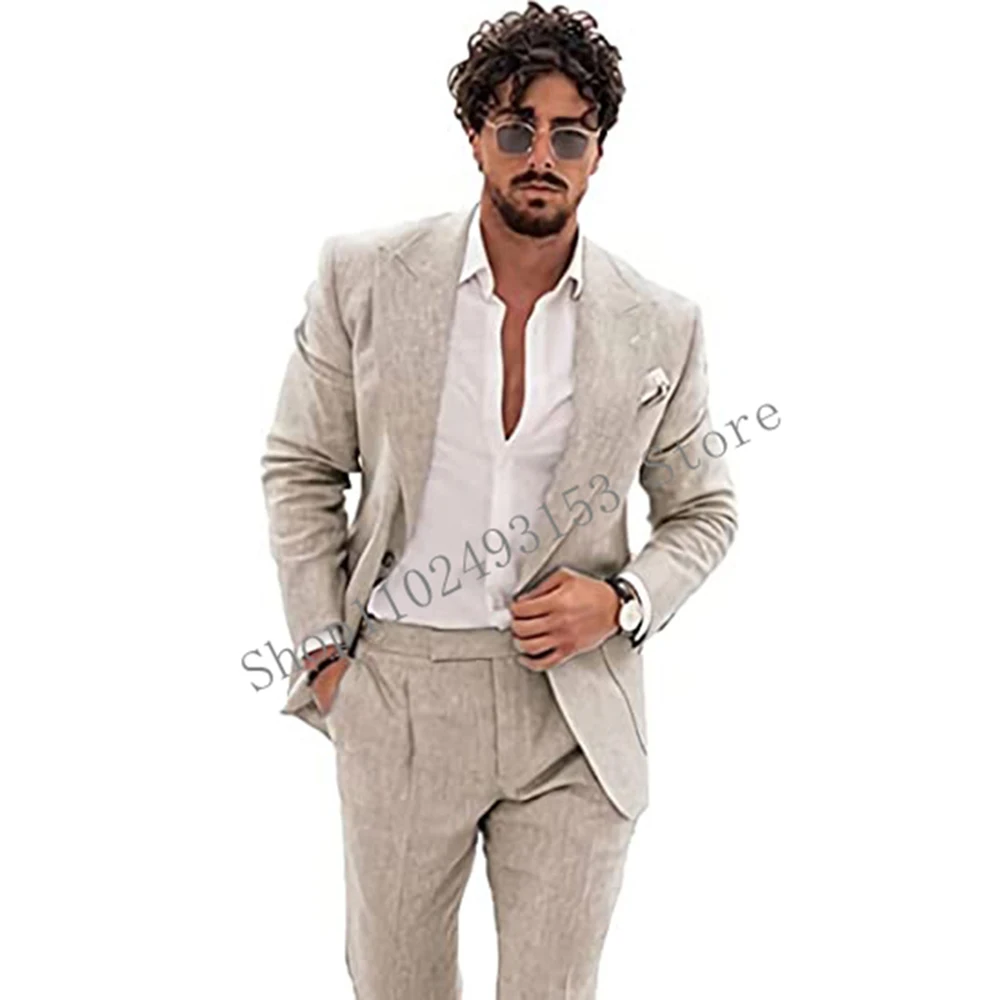 

2023 New Arrival Linen Men Suits Slim Fit Peak Lapel 2 Pieces Formal Male Suits Groomsmen Wedding Tuxedos Costume Homme Mariage