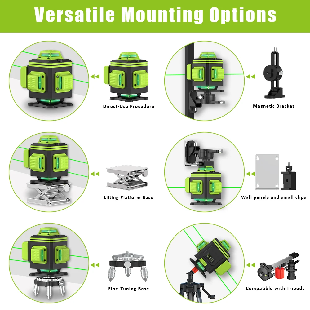 Lfine Nivel Laser 4D 16 Lines 360°Self-leveling Laser Levels withTripod and Suitcase Green Lines Professional Laser Level Tool