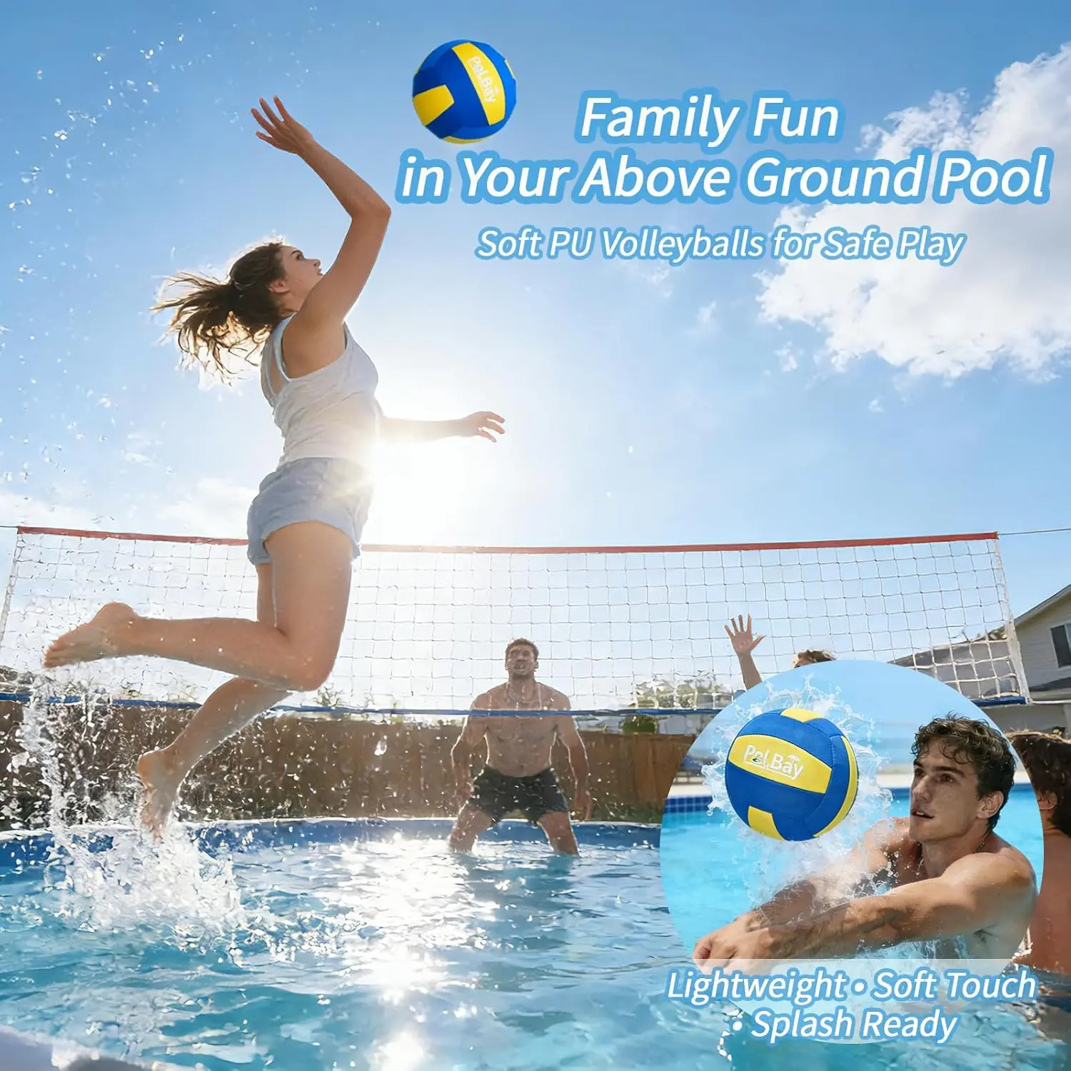 Adjustable Pool Volleyball Net Set for Above Ground Pools, 10-27FT Expandable Width, Includes Ball, Carry Bag, Pump, Poles, Outdoor Poolside Games, Fun Water Volleyball for Kids, Adults, Family