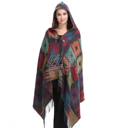 2022 Autumn Winter New Cow Horn Buckle National Wind Hooded Capes Bohemian ethic Capes & Ponchos