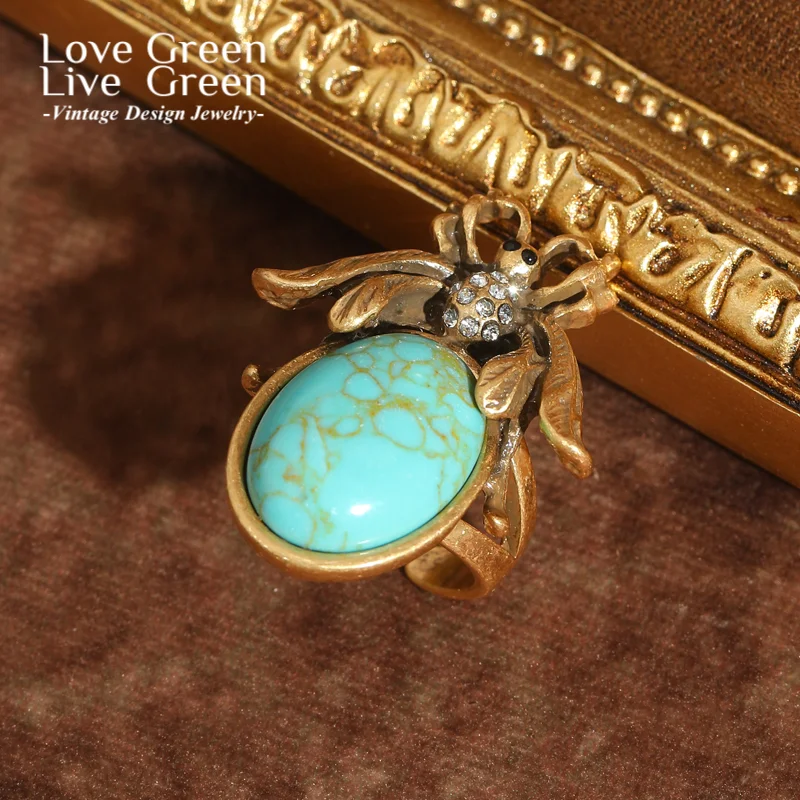 

Vintage Turquoise Jewelry Stone Bee Rings Moth Rhinestone Antique Gold Color Luxury Charms Fashion Thanksgiving 2025 New