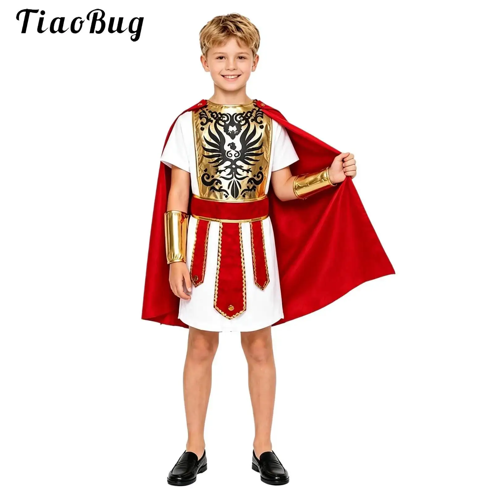 Kids Boys Girls Roman Soldier Gladiator Costume Robe with Cloaks Waistband Wrist Guard Halloween Ancient Roman Warrior Dress Up