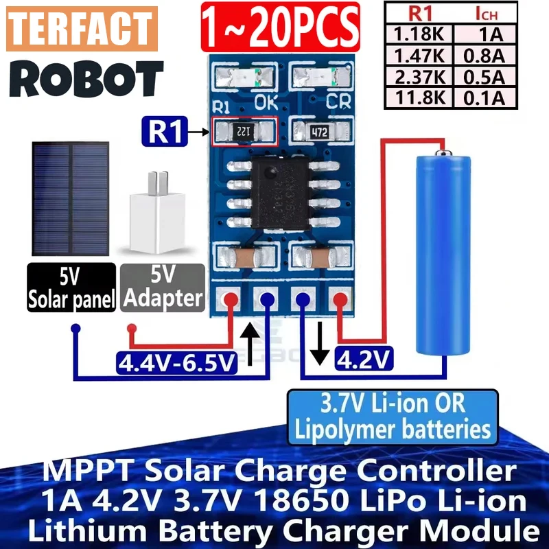 1-20PCS MPPT Solar Charge Controller 1A 4.2V 3.7V 18650 LiPo Li-ion Lithium Battery Module SD05CRMA Solar Panel Battery Charger