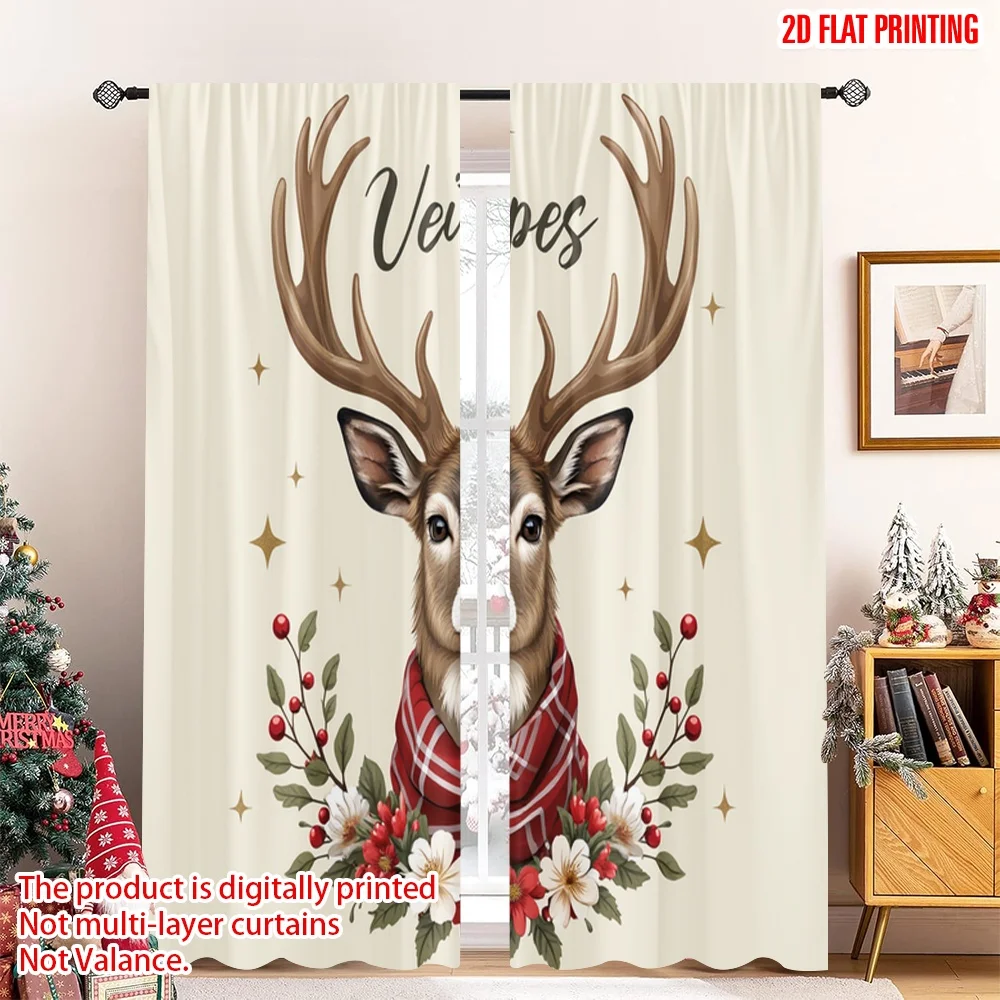 

2pcs 2D flat printing Christmas Curtain Deer Red Scarf Floral Polyester Without Electricity Holiday Decorations Use for Home &