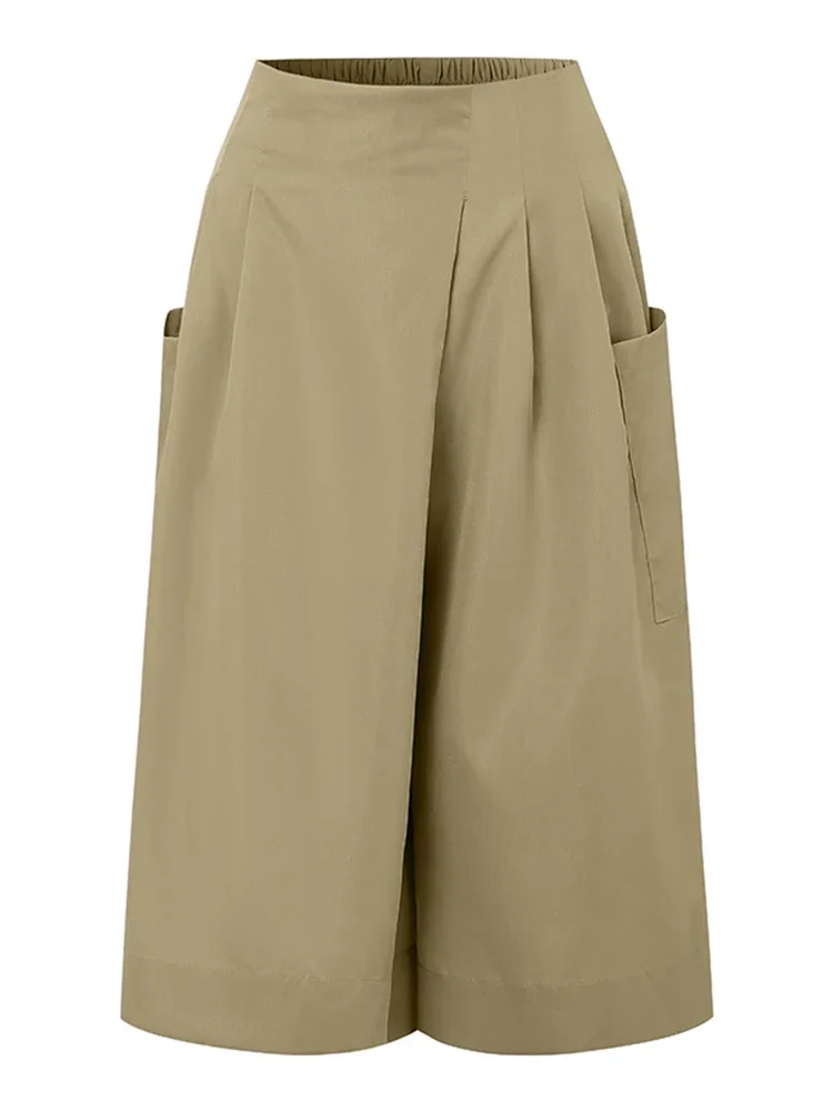 ZANZEA الصيف بنطال ذو قصة أرجل واسعة النساء 2025 السببية مطوي العجل طول السراويل جيوب فضفاضة الصلبة موضة مرونة الخصر بنطلونات #4