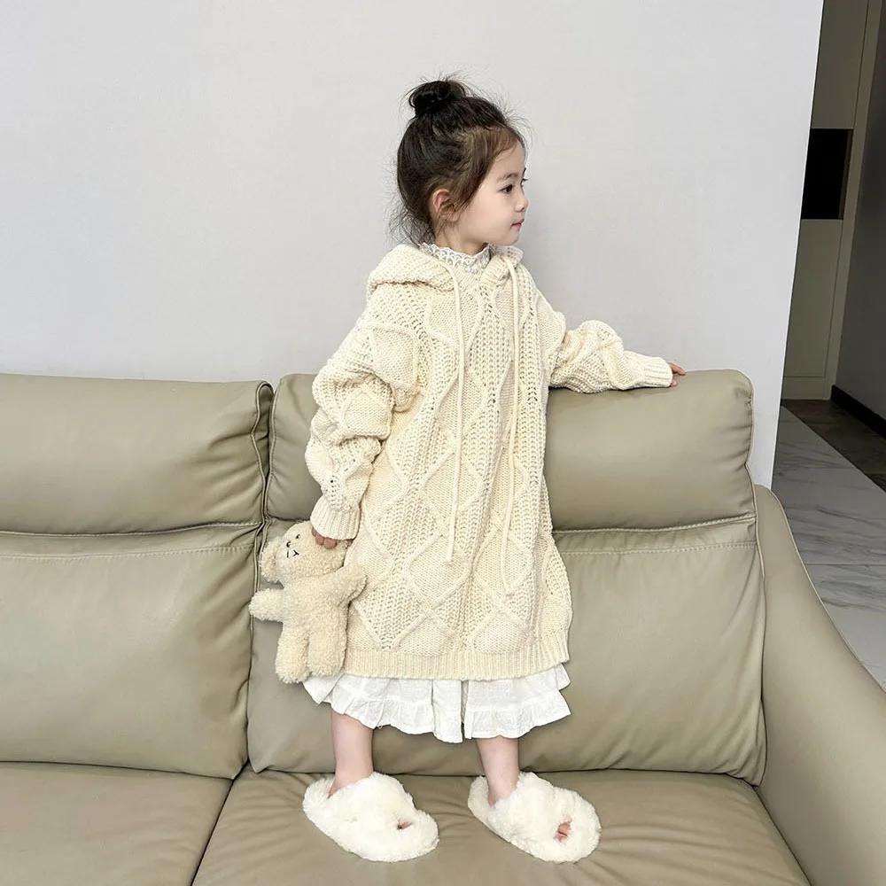 2023 Autumn/Winter New Girls' Long Thick Thread Sweater Hooded Casual Small and Medium Girls' Treasure Knitted Dress