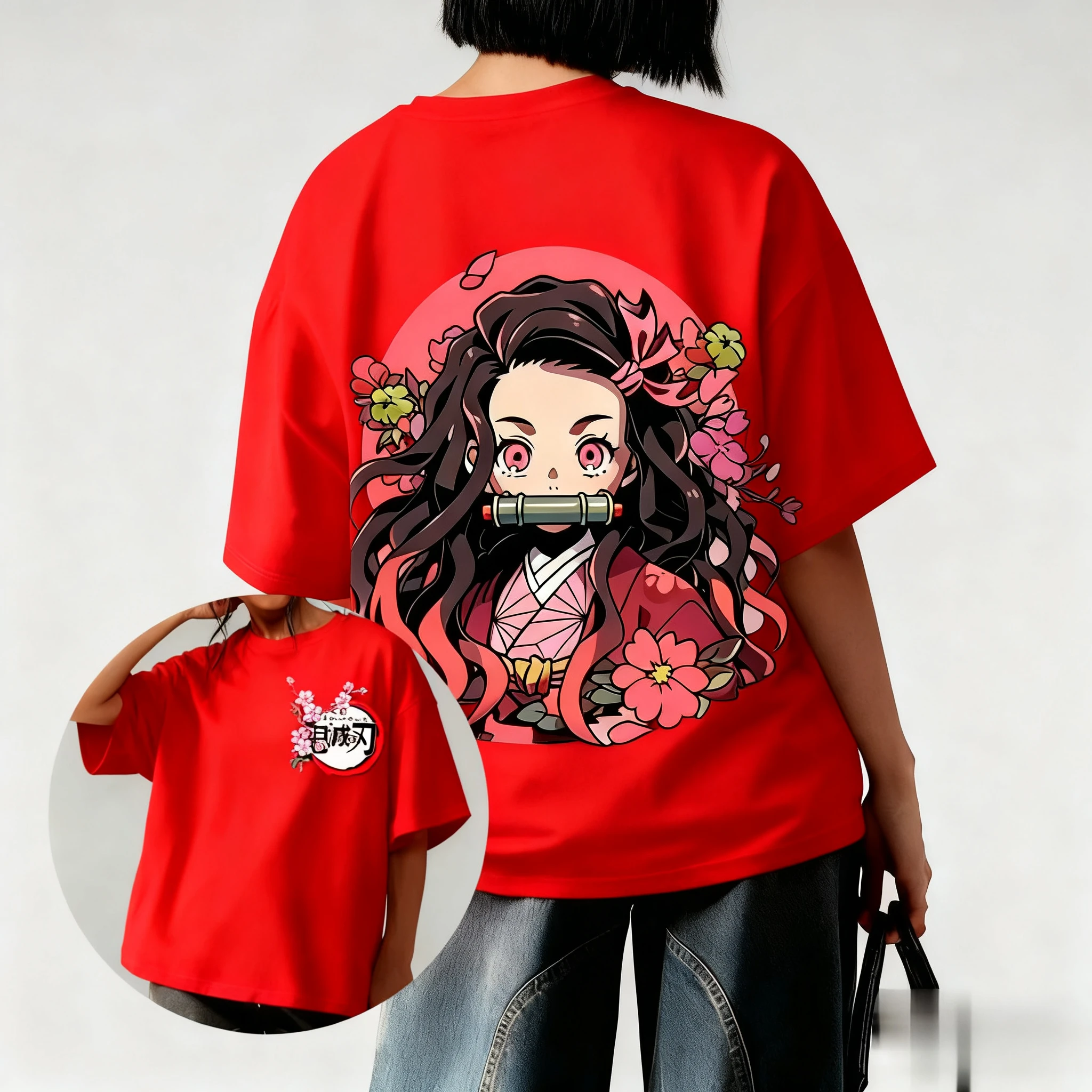 귀멸의 칼날 애니메이션 네즈코 프린트 티셔츠 2026 여성 여름 신상 하라주쿠 루즈핏 캐주얼 부모 자녀 반팔 상의