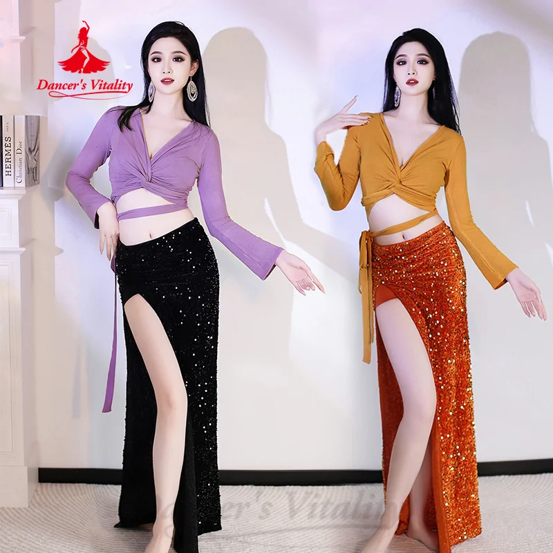 

Наряд для танца живота, топ с v-образным вырезом и длинными рукавами + длинная юбка с пайетками, 2 предмета, костюм для взрослых и женщин в восточном стиле для танца живота, костюм для выступлений
