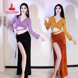 BellyDance Outfit V-neck Long Sleeved Top+sequin Long Skirt 2pcs Adult Female Oriental Belly Dancing Performance Costume Suit