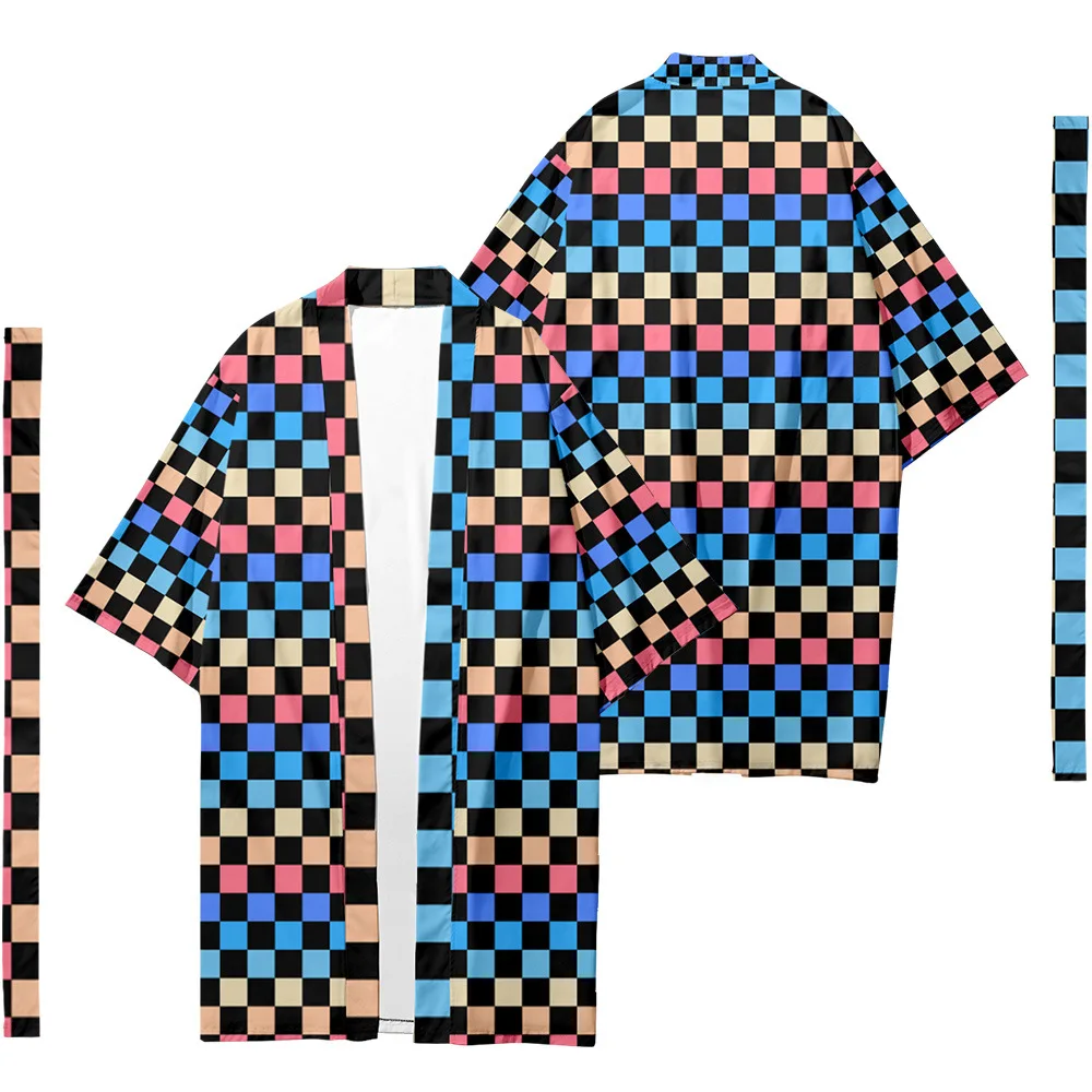 

Color Checkerboard Printed Loose Japanese Samurai Harajuku Kimono Women Men Cosplay Yukata Lengthen Cardigan Overalls Pants